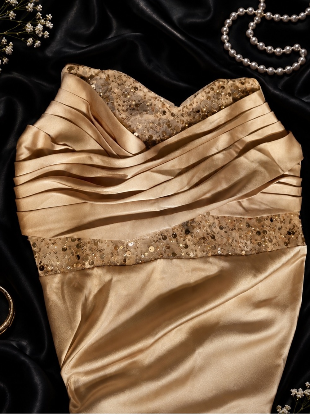 Elegant Gold Strapless Sequin-Trim Evening Dress